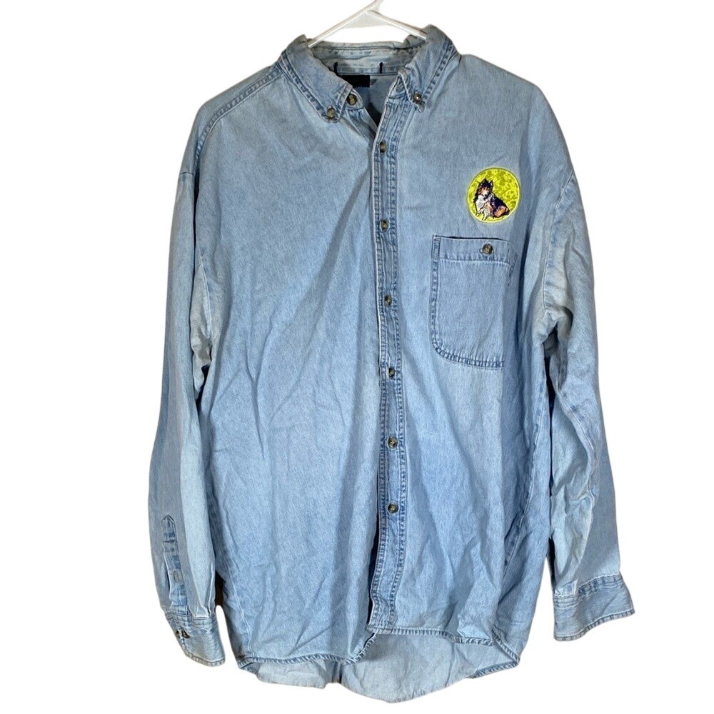 Vintage Light Blue faded Denim Button-Up Shirt collie dog size XL